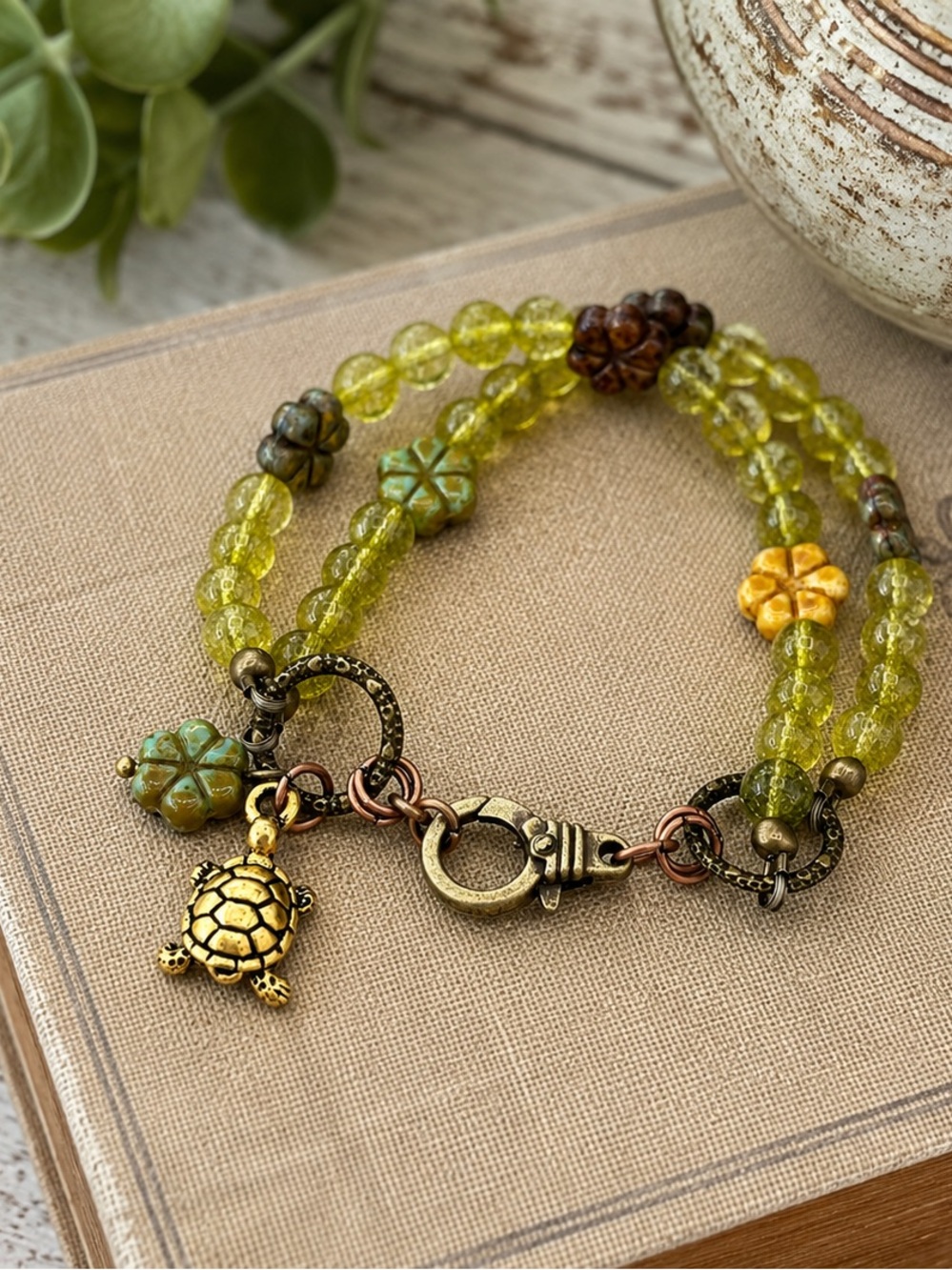 Hand Crafted Olive Green Peridot Bracelet with Turtle Charm